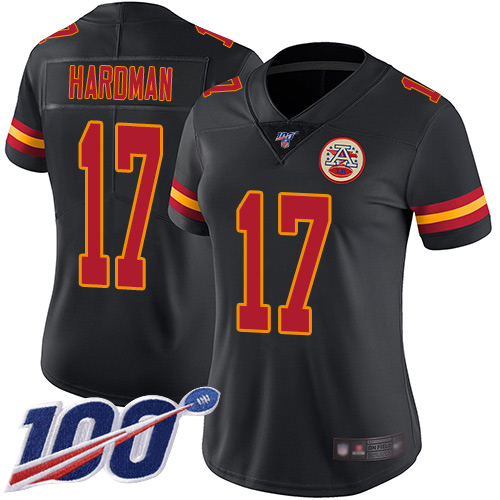 Women Kansas City Chiefs #17 Hardman Mecole Limited Black Rush Vapor Untouchable 100th Season Football Nike NFL Jersey
